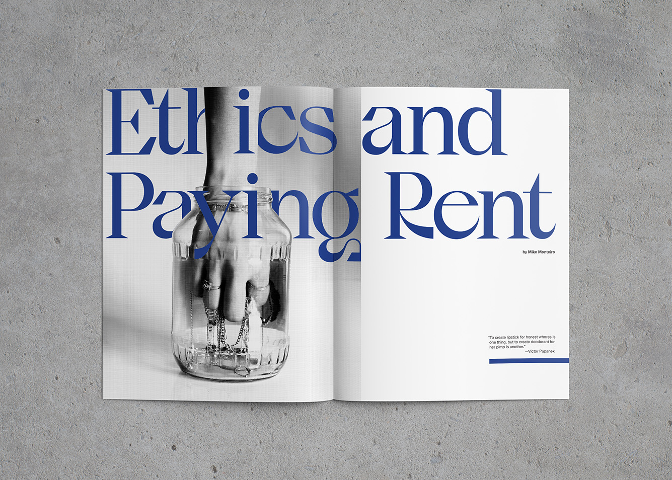 magazine laying open with an image and some text